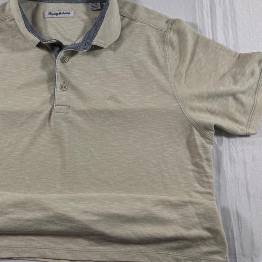Tommy Bahama Mens Large Tan Slub Knit Short Sleeve Polo Shirt Marlin Logo